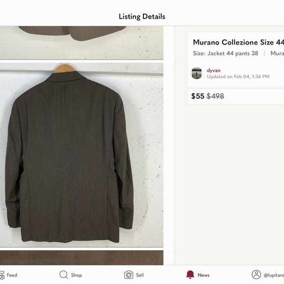 Murano Collezione Size 44R Jacket size 38 Pants Brown Worsted Wool Suit NEW - Picture 4 of 7